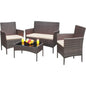 4 Piece Set, Glass Table, Wicker Rattan Chairs, Sofa With Soft Cushions