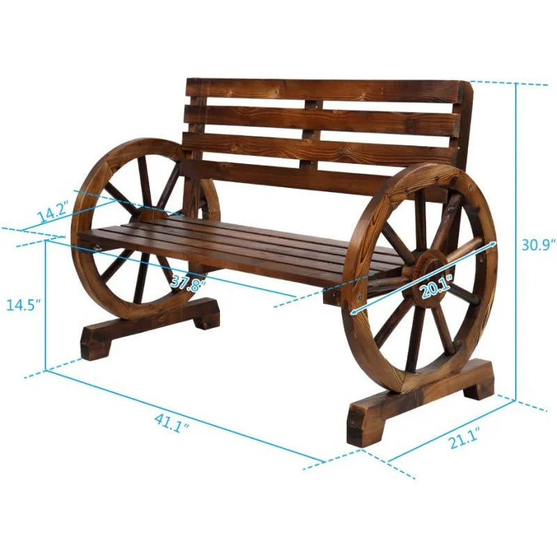 Wooden Rustic Wagon Wheel Garden Armrest Bench