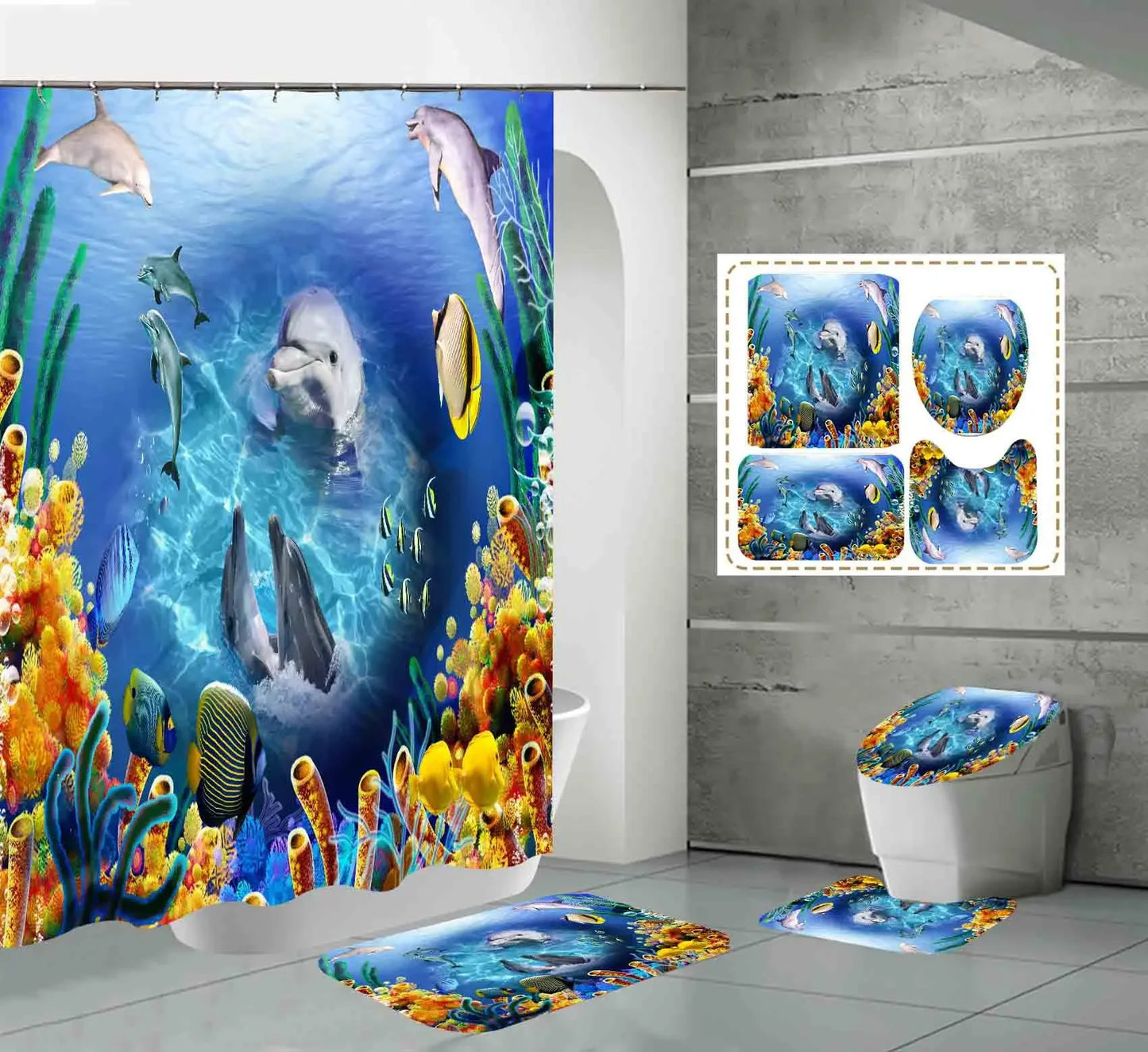 Ocean Underwater World  Dolphin Waterproof  Bathroom  Set