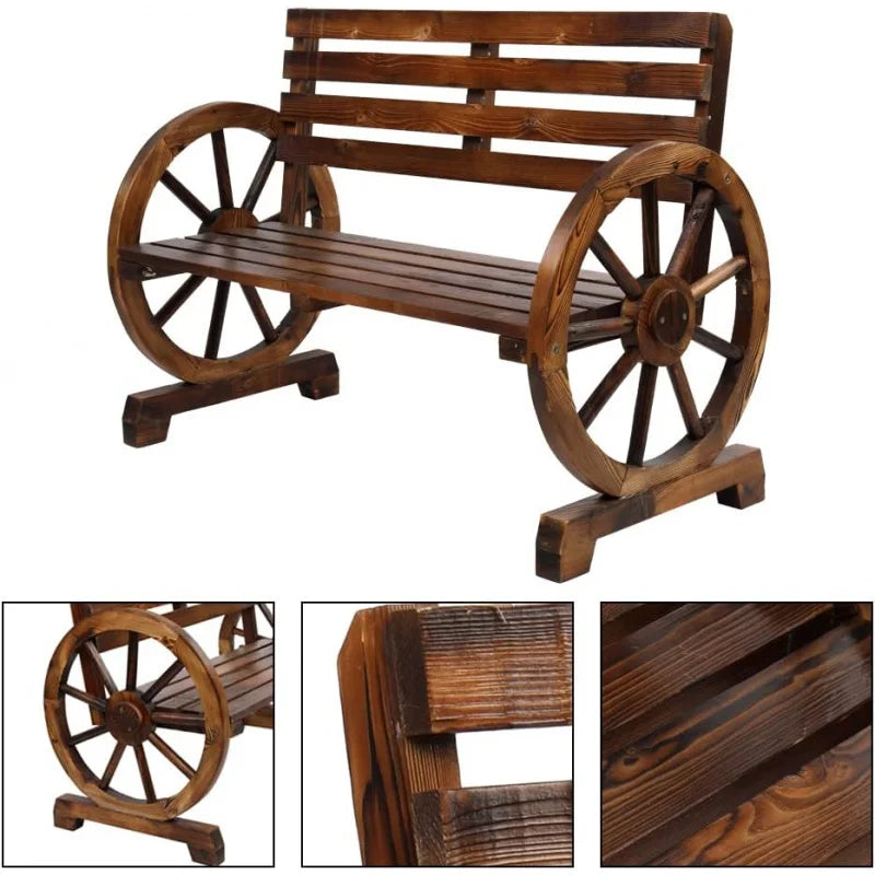 Wooden Rustic Wagon Wheel Garden Armrest Bench