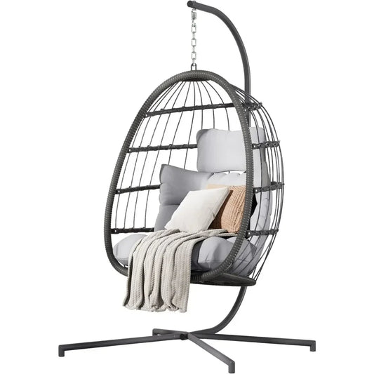 Patio Wicker Hanging Egg Swing with Stand and Cushion