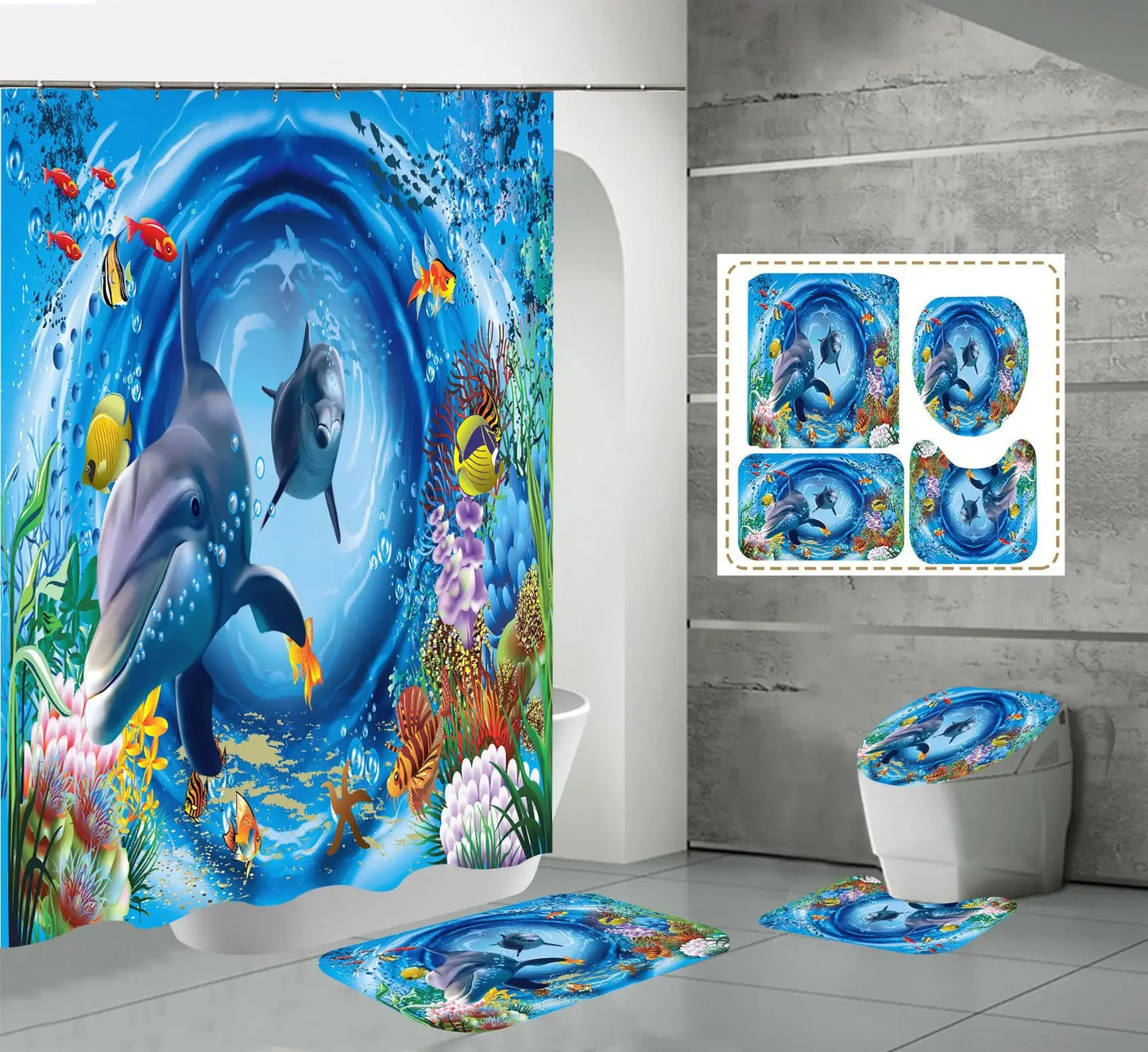 Ocean Underwater World  Dolphin Waterproof  Bathroom  Set