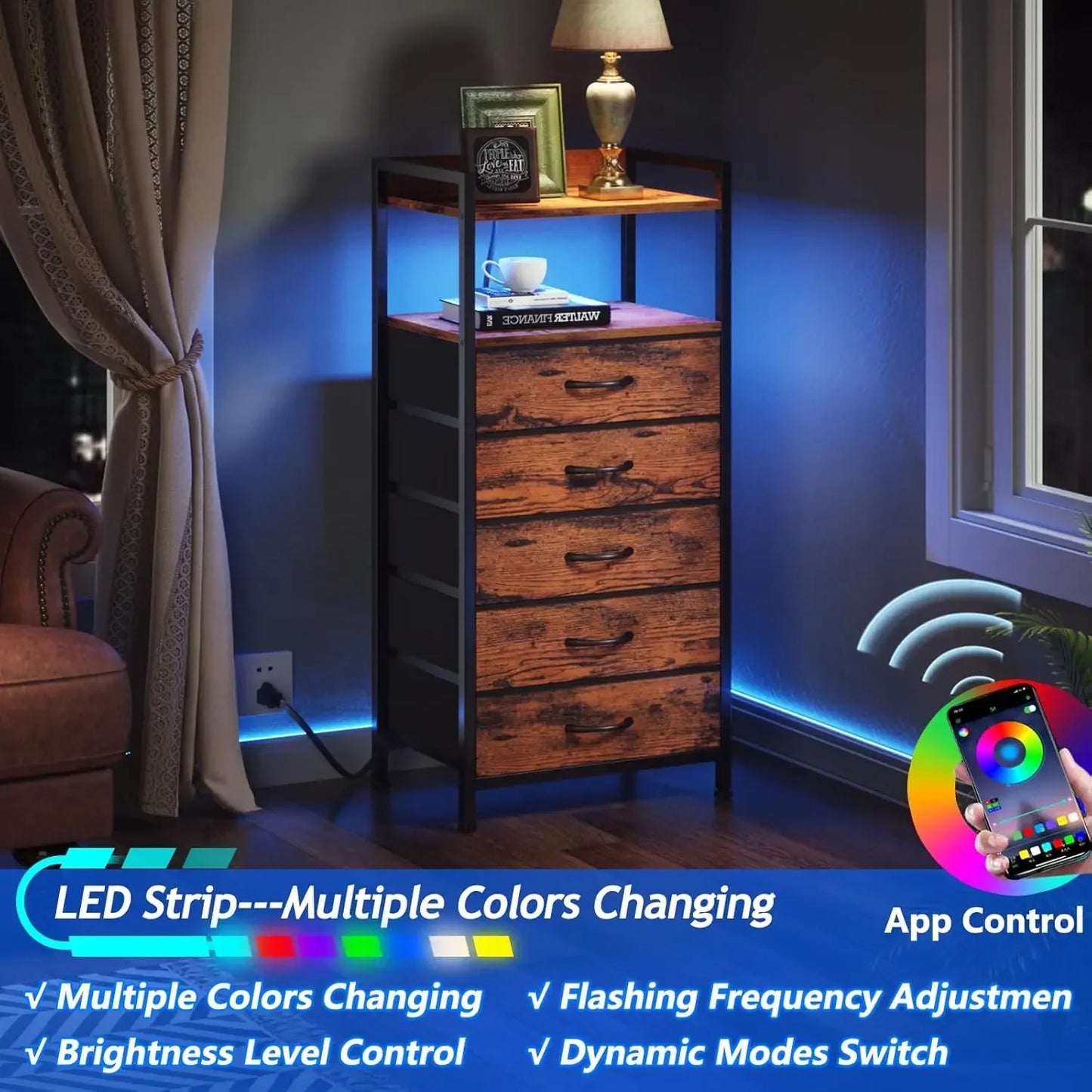 5 Drawer Dresser with Led Light and Charging Station