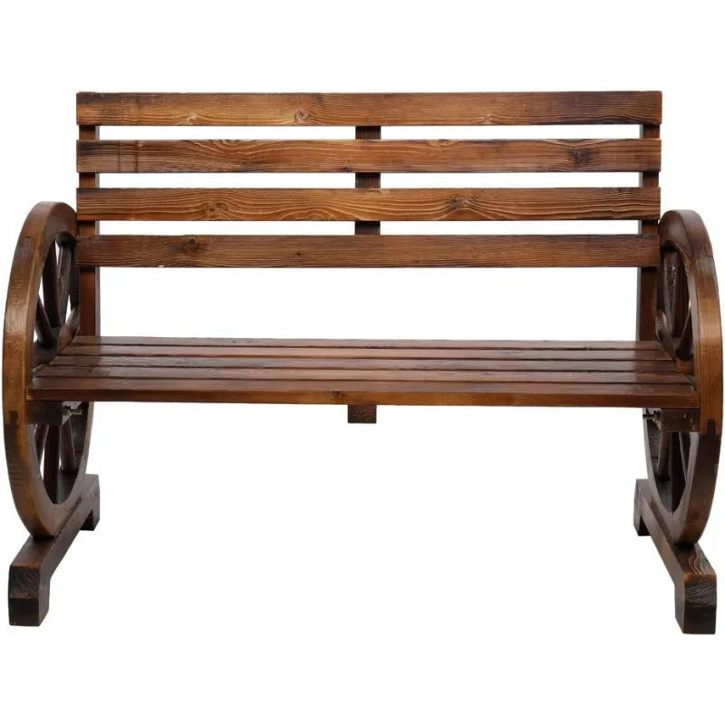 Wooden Rustic Wagon Wheel Garden Armrest Bench