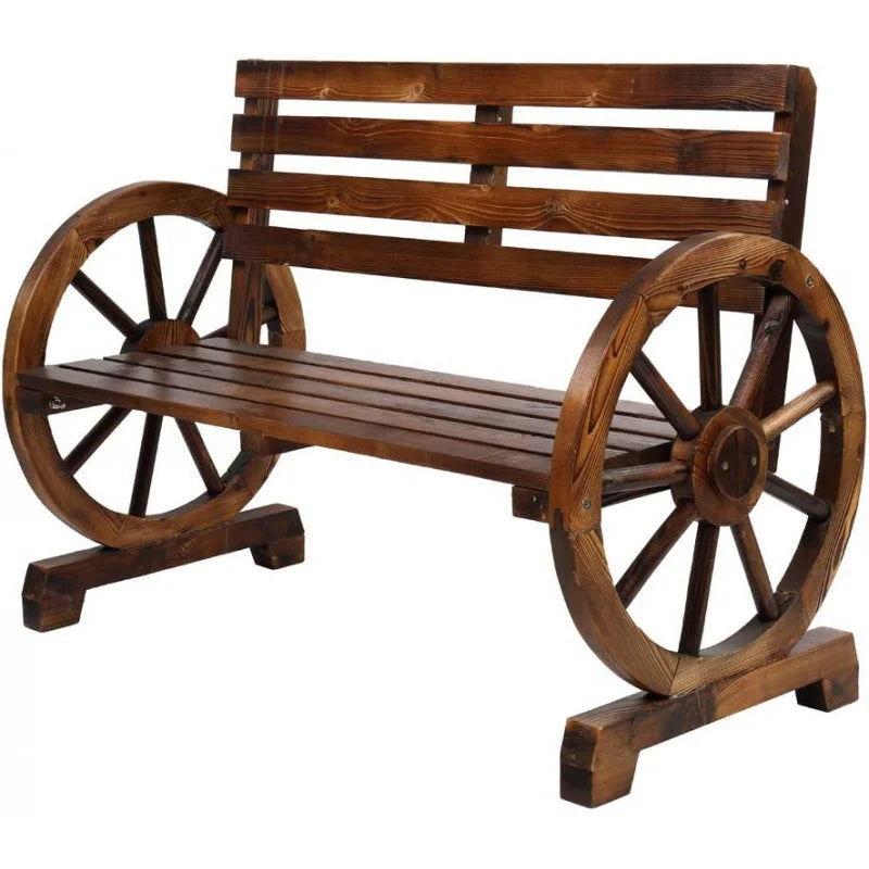 Wooden Rustic Wagon Wheel Garden Armrest Bench