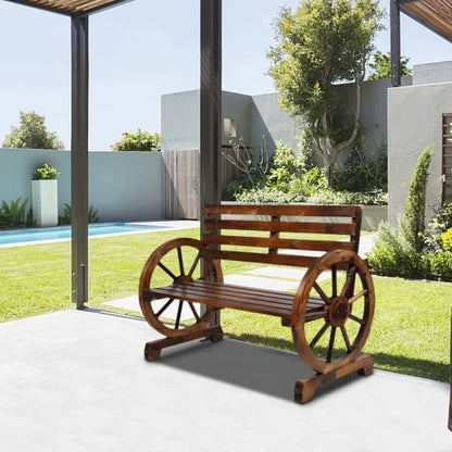 Wooden Rustic Wagon Wheel Garden Armrest Bench